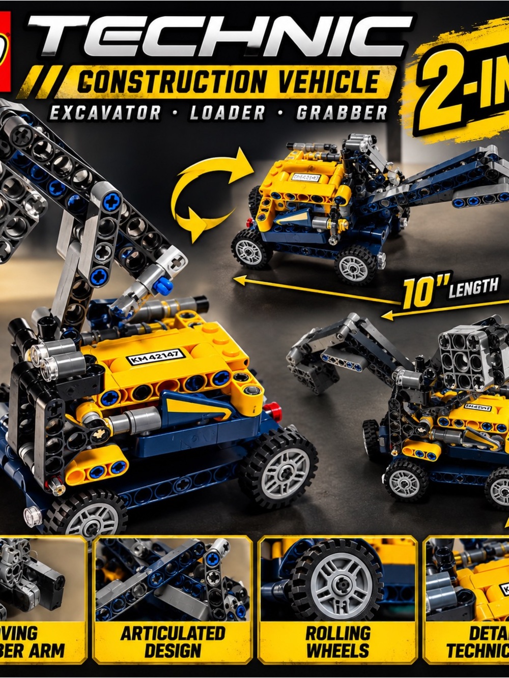 LEGO Technic Construction Excavator Loader Grabber Vehicle Yellow Blue Used